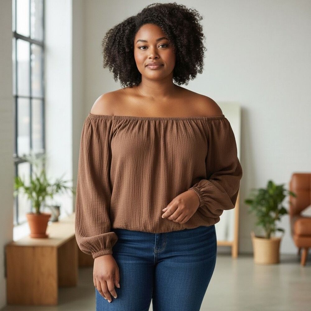 Free People We The Free Brown The Bubble Tee Size L Off The Shoulder Peasant Top